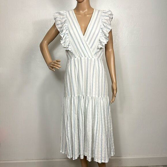 Rebecca Taylor Flutter Sleeves Yarn Dye Striped Midi Dress Size 8 - Picture 3 of 12